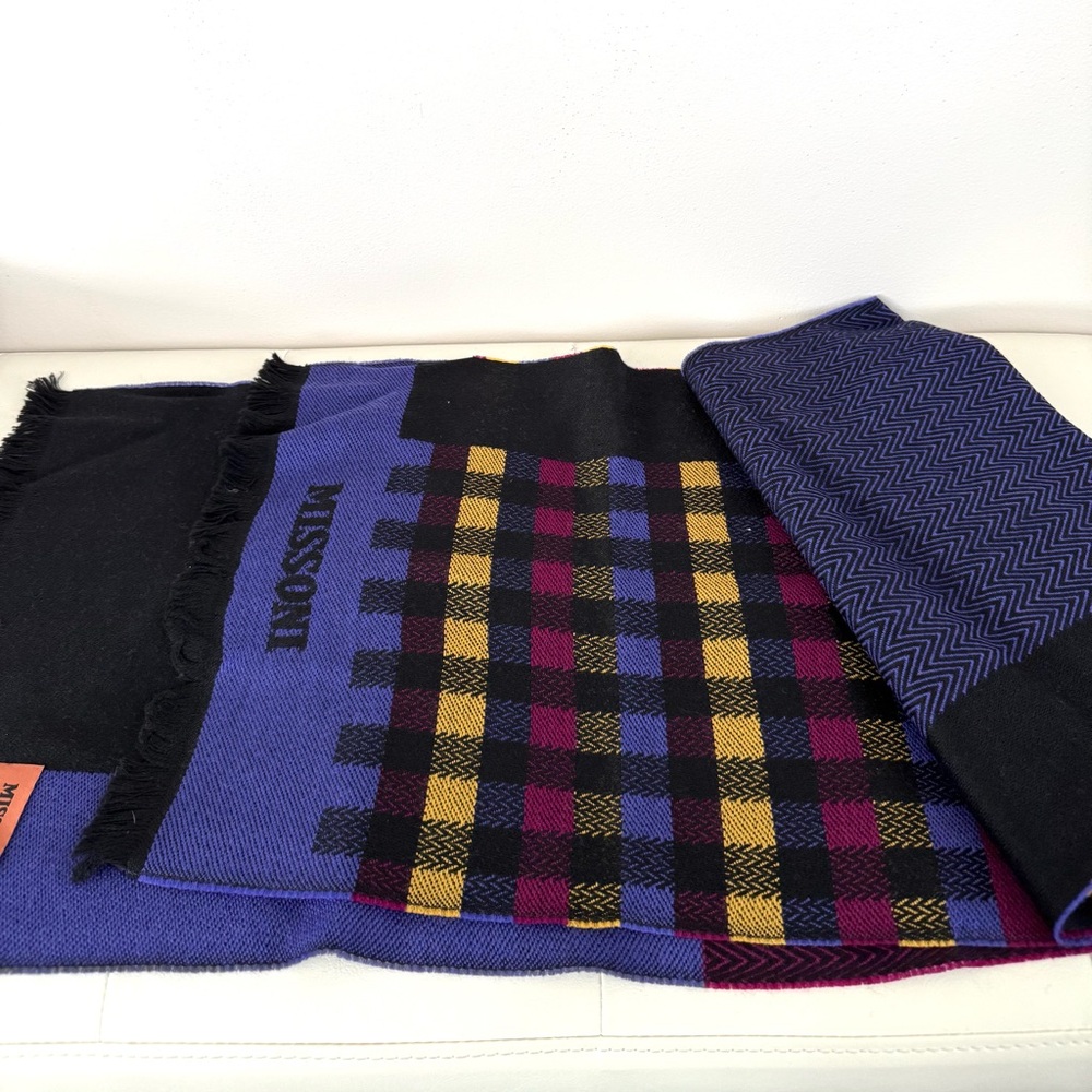 Missoni Colorblock Checked 100% Wool Scarf - Black, Purple, Pink, Yellow - Picture 4 of 12